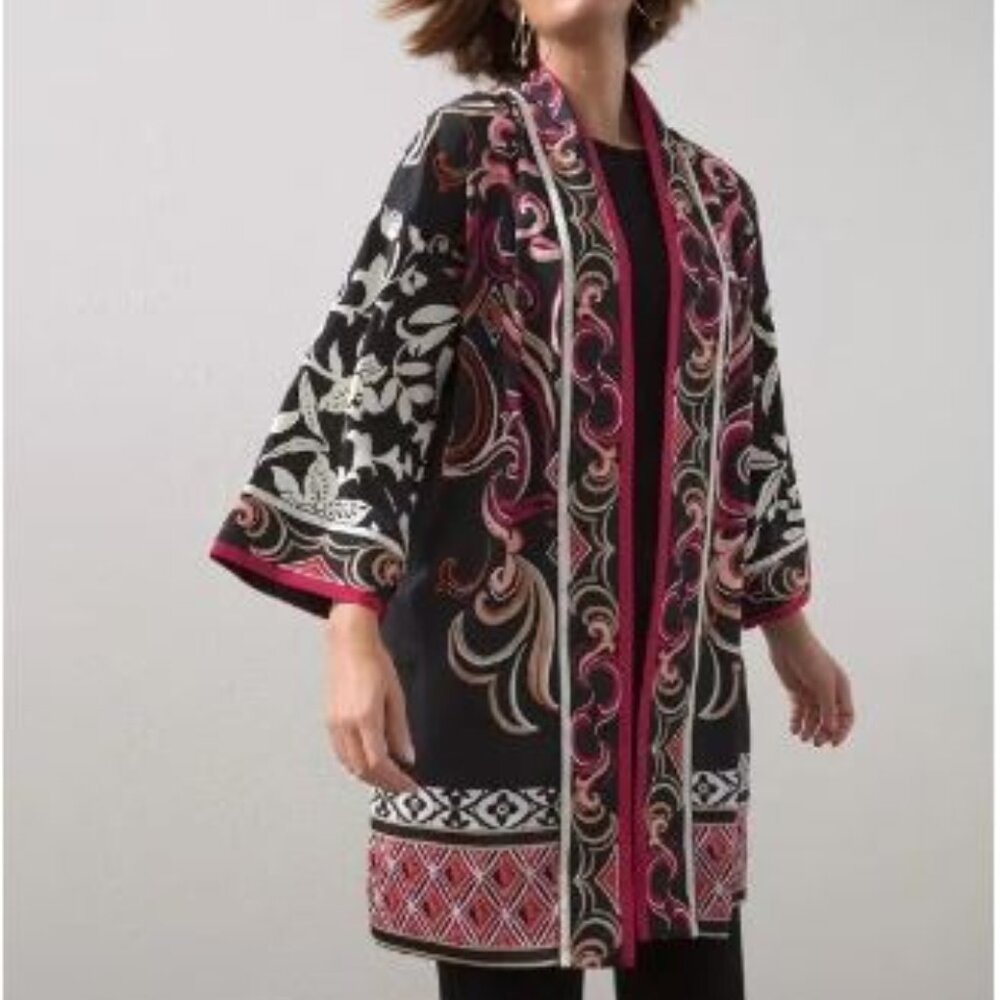 Chico's Travelers Scroll Print Kimono Black Floral  size S/M